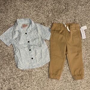 Blue Floral Shirt and Tan Pants Set 2T
